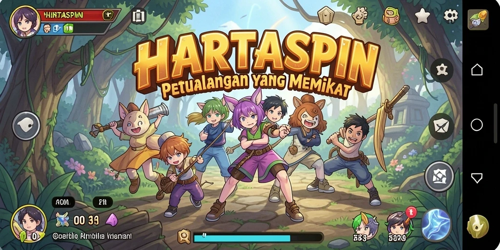 Screenshot utama HARTASPIN menampilkan pertarungan karakter Anime yang dinamis.
