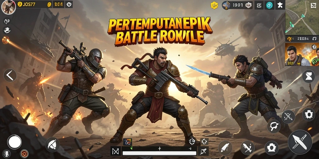 Tangkapan layar utama JOS77 menunjukkan pertempuran intens dalam arena Battle Royale.