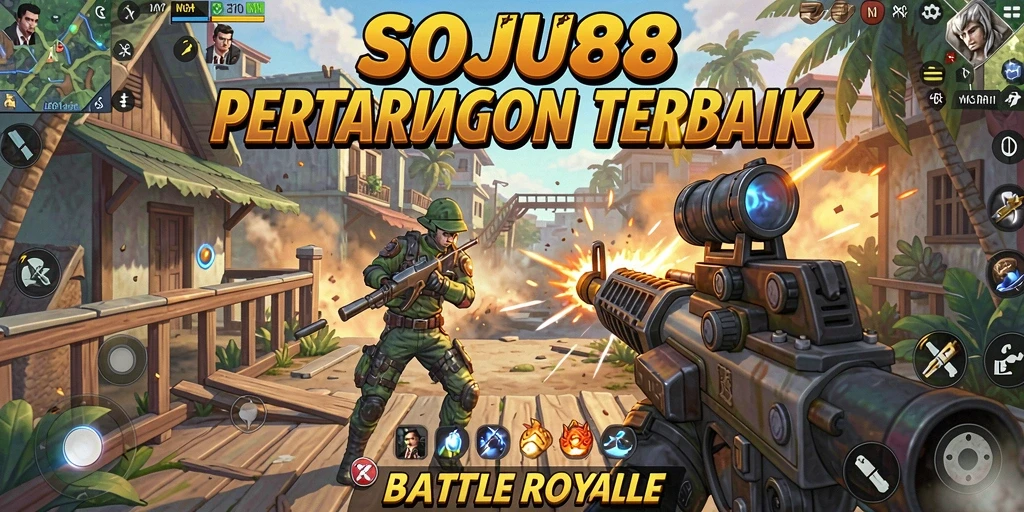 Tampilan gameplay SOJU88 dalam pertempuran Battle Royale yang intens.